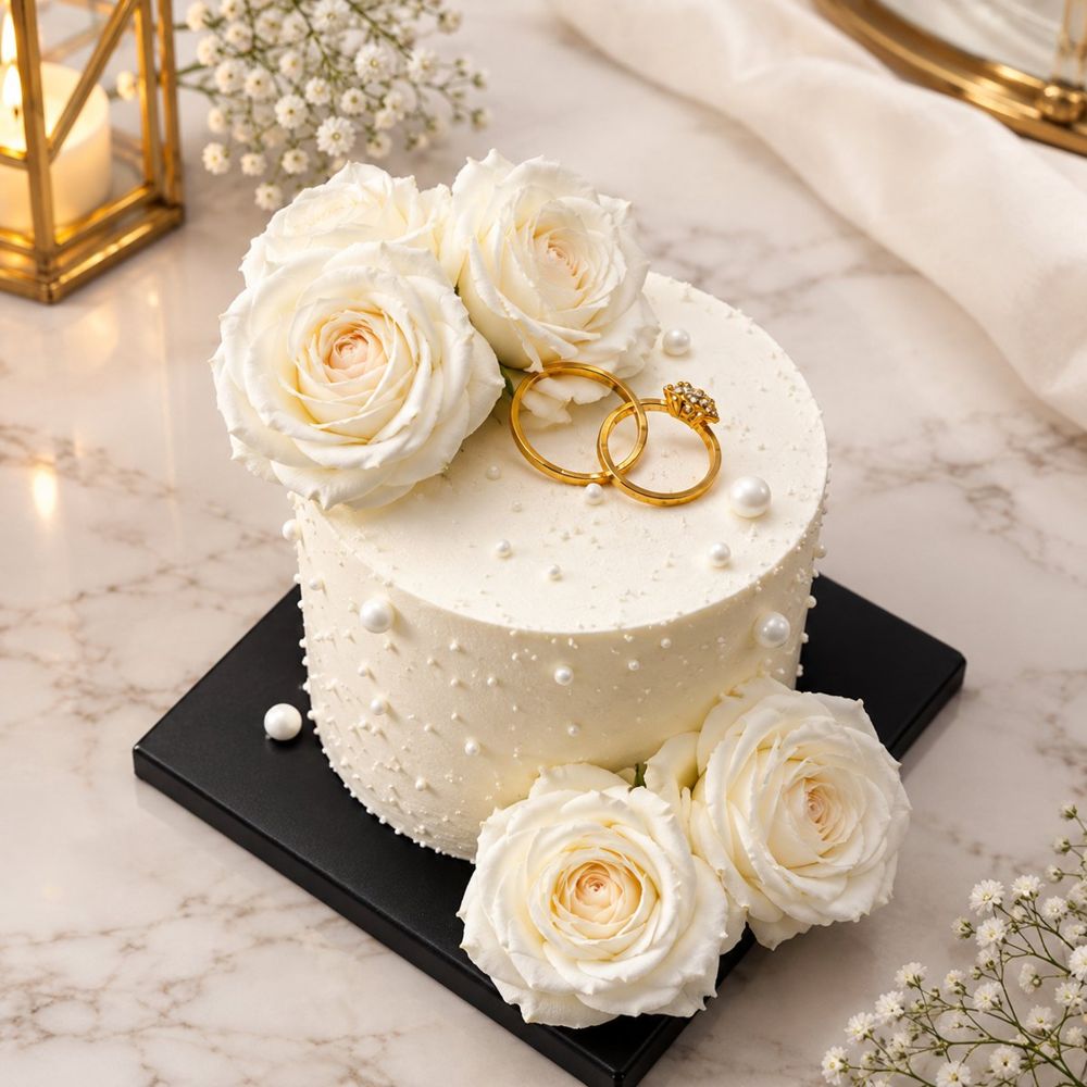 Witte taart met witte rozen, parels en gouden ringen